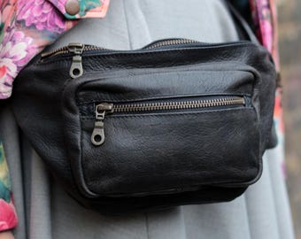 Double Black Leather Bum bag, Handmade, Super Soft Black Genuine Leather Fanny pack with double zip, Chest or belt bag, Zipped bum bag