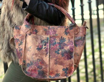 Floral Leather Tote Bag: Small Crossbody with Adjustable Strap