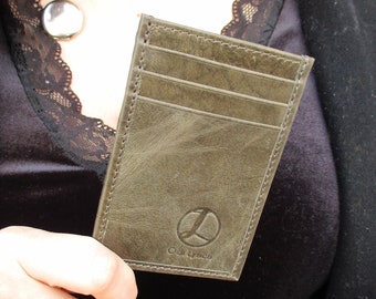Small Minimalist Pocket Olive Green Leather Wallet with Logo Odilynch / Handmade Business card holder / Minimalist Sleeve Style