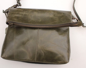 Distressed Olive Green Leather Fold over Messenger Bag, Mini Amelie, Medium Size olive flap over cross body, Shoulder bag, Large clutch bag