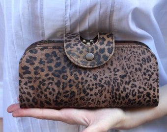 Leopard Print Leather Wallet Clutch: Kiss Lock Flap, Zip Section