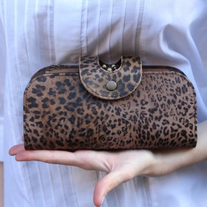 Big Fat Leopard print Leather Wallet, Huge Wallet or Clutch, Flap closing, Clasp kiss lock, Kiss clip closing,  Zip section, Card + Notes