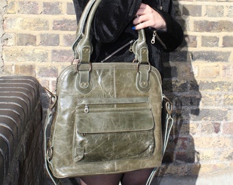 Genuine Leather Olive Tote Bag, Pamela, Large Shoulder Bag, Adjustable Strap, Front pockets, Dark Green handbag, Crossbody Bag option strap