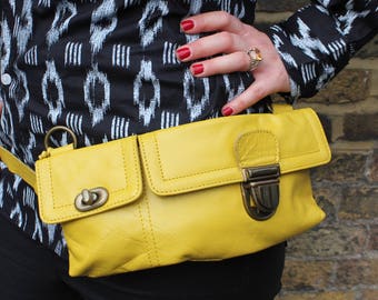 Bum bag yellow leather, Shoulder Bag Convertible, Jilly Belt Bag, Yellow Hip Bag, Multi-way small bag, Belt loops, Back zip, Inner detail