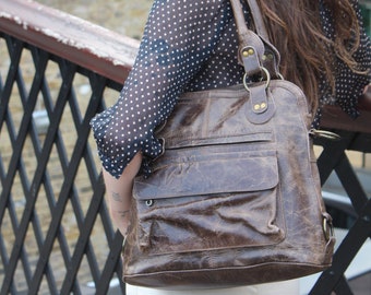 Dark Brown Scrunchy Leather Pamela Tote Bag | Distressed Shoulder Purse | Handbag Convertible to Crossbody