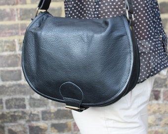 Extra Large Black Leather Saddle Bag, 70s Style, 'Isabelle'