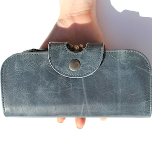 Big Fat Wallet in Navy Leather, Large clip frame wallet, Kiss lock, Clasp closing, Double clip purse, Clutch, Card spaces, Coins and make up