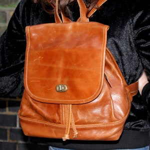 Tan Leather Small Backpack: Drawstring Rucksack with Twister Lock