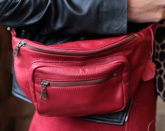 Double pocket Fanny pack, Chest bag, Red Leather Bumbag, Red leather fanny pack, Fanny bag, Chest bag, Hip bag, YKK zips, Strong hip bag