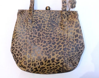 Borsa a tracolla con cornice a clip in pelle stampa leopardata, borsa Dolly, stile Rockabilly, ispirazione vintage, interni multispazio, tracolla lunga