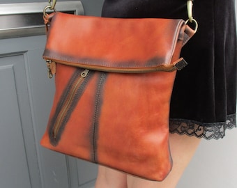 Amelie New Brown Bag, Adjustable Messenger, Shoulder Bag, Cross-body, Foldover Zip Bag, Two-tone leather, Slanted front pocket