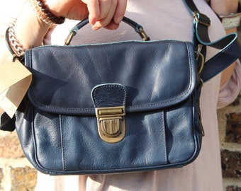 Blue Leather Satchel Bag, Multi Compartment, Brass Fittings, 'Funky'