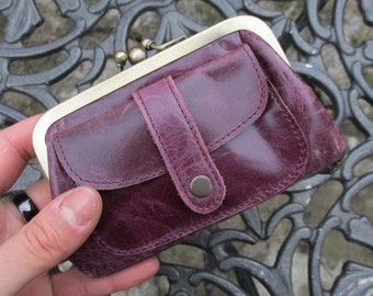Purple clip purse, Amy, Purse Kiss clip, Small Clasp Wallet, Vintage Style Leather purse, Double clasp purse, Bottom zipper, Double clasp