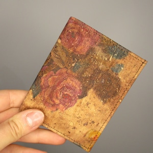 VEGAN Card Holder Pink Roses Tan Floral Pattern In Cork Oyster Travelcard Minimal Wallet