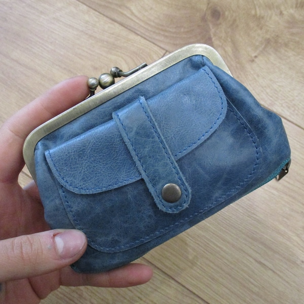 Top double clip purse, Amy Purse Kiss clip, Small Clip Wallet, Vintage Style Leather, Blue leather purse, Coin purse gift, Double clip purse