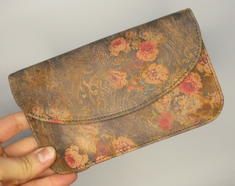 German  Leather Grey and Pink Floral 21 Long and Slim Multicompartment Wallet