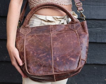 Bach Small Brown Tote Distressed Vintage Style Leather, Convertible to cross body bag, Perfect for small laptop, Lightweight Cross body bag