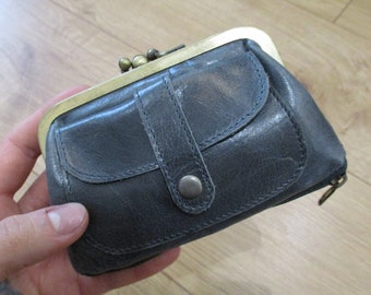 Dark Navy Blue Amy Purse Kissclip Small Clip Wallet Vintage Style Leather Pattern Handmade