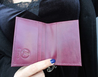 Purple Small Leather Bifold Wallet with Logo Odilynch / Cardholder and Business card / Pocket Size Minimalist