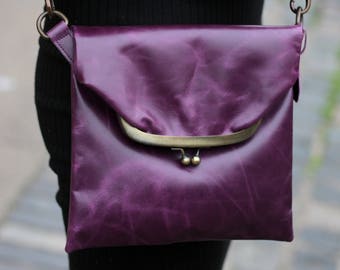 Leather bag clasp frame, Fold over Purple Clasp Cross body, Kiss lock Fold purse, Pocket under flap and at back, Dublin clip lock bag, Flap