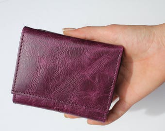 Purple Small Grande Leather Trifold Wallet Compact Multicompartment Handmade Genuine Leather