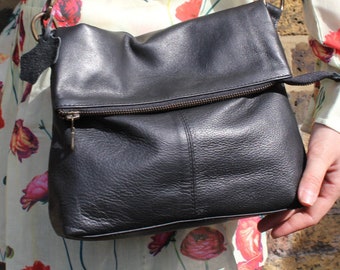 Mini Amelie Black Leather Foldover Messenger Bag | Multiway Small Flap over Sling Bag Everyday Purse