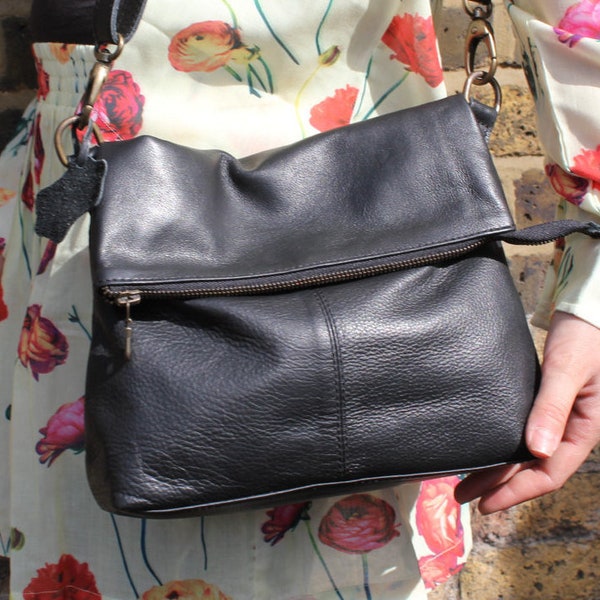 Mini Amelie Black Leather Foldover Messenger Bag | Multiway Small Flap over Sling Bag Everyday Purse