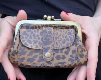 Leopard Print Leather Clip Purse: Kiss Lock Clasp, Zipped Bottom