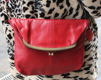 Red Leather Clip Top Bag: Handmade Flapover Handbag