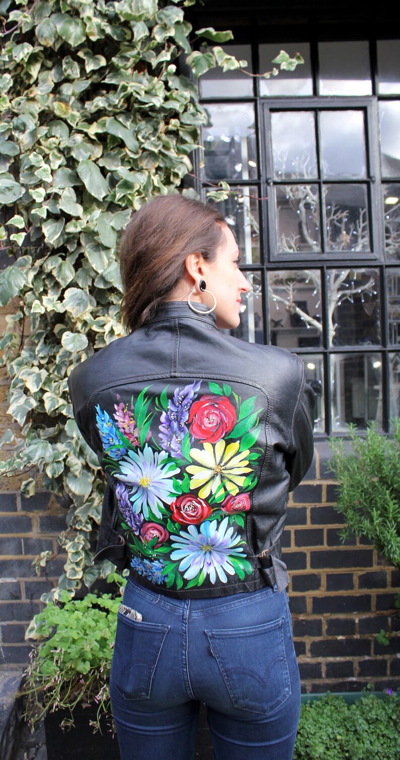 Biker Jacket Vintage Lupins and sunflowers on black leather size 42