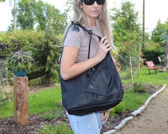 Weiches Leder Schwarz Hobo Tote: Hippie Chic Slouch Bag