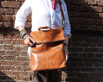 Tan leather zipped backpack, Flap over multiway bag, Multifunctional tan leather backpack, Belgian