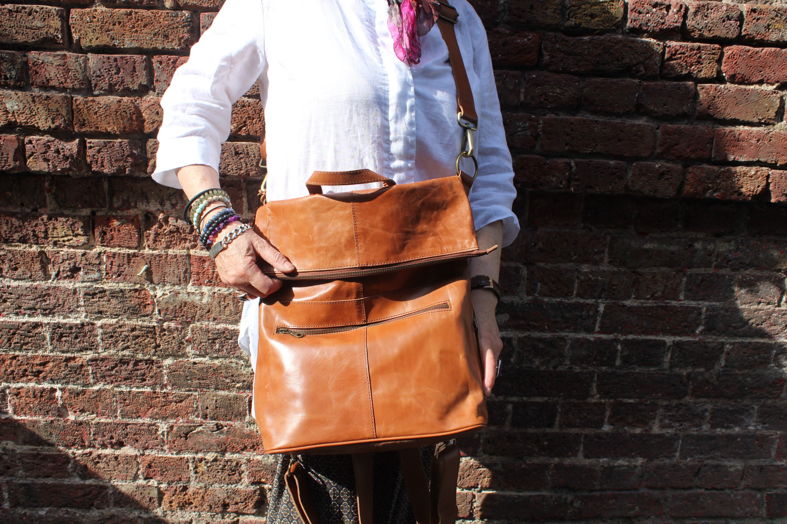 Tan Leather Zipped Backpack: Flap Over Multi-way Bag, Laptop  display picture 1
