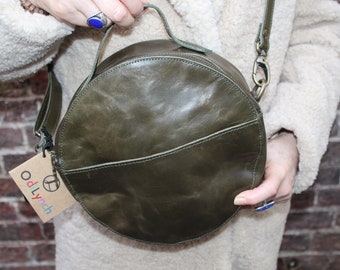 Circular olive green leather bag, Small to medium round bag, Grab handle, Long detachable strap, Front pocket, Internal 2 pockets, Rupert