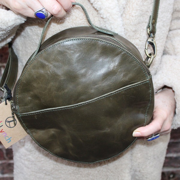 Olive Green Leather Round Bag: Detachable Strap, Front Pocket