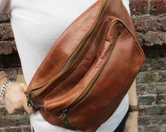 Giant Bum bag or Fanny pack tan smooth, Tan leather Chest bag, Perfect Travelling Bag, 3 compartments, Wear flat or expanded, Strong zips