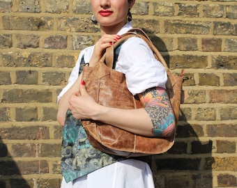 Distressed Tan Leather Tote Bag: Crossbody Laptop Purse