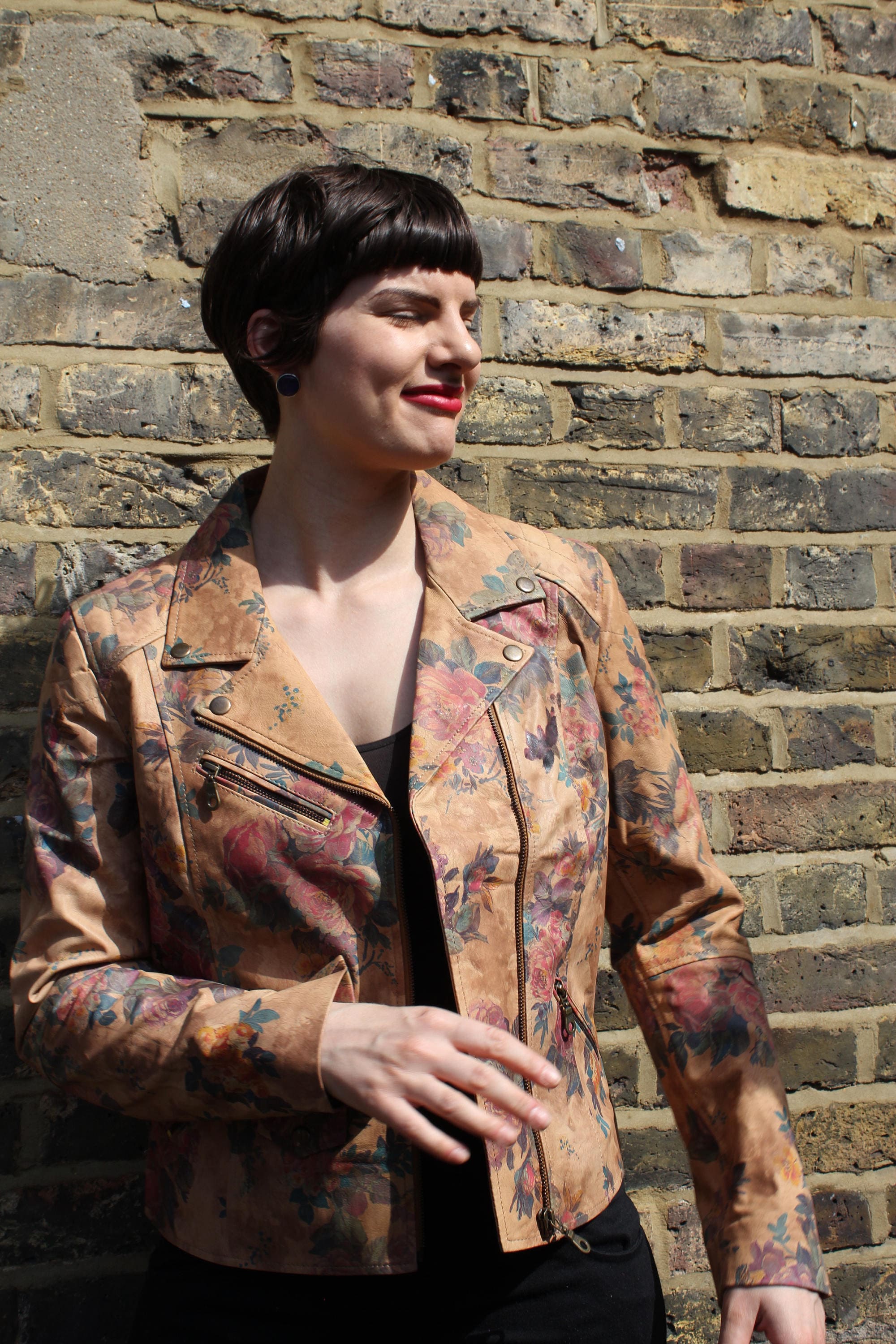 Image of Biker Jacket in Floral Summer Garden Light Leather