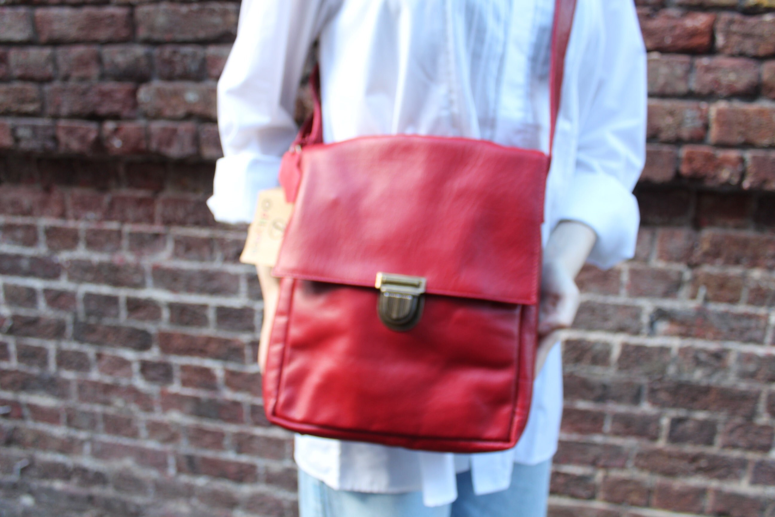 Vintage Brick Red Leather Large Messenger Bag Crossbody 