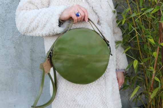 Circular Leather Bag,apple Green Round Handbag,detachable Long Strap,top  Handle Round Shaped Purse,cute Apple Green Leather Bag,crossbody - Etsy