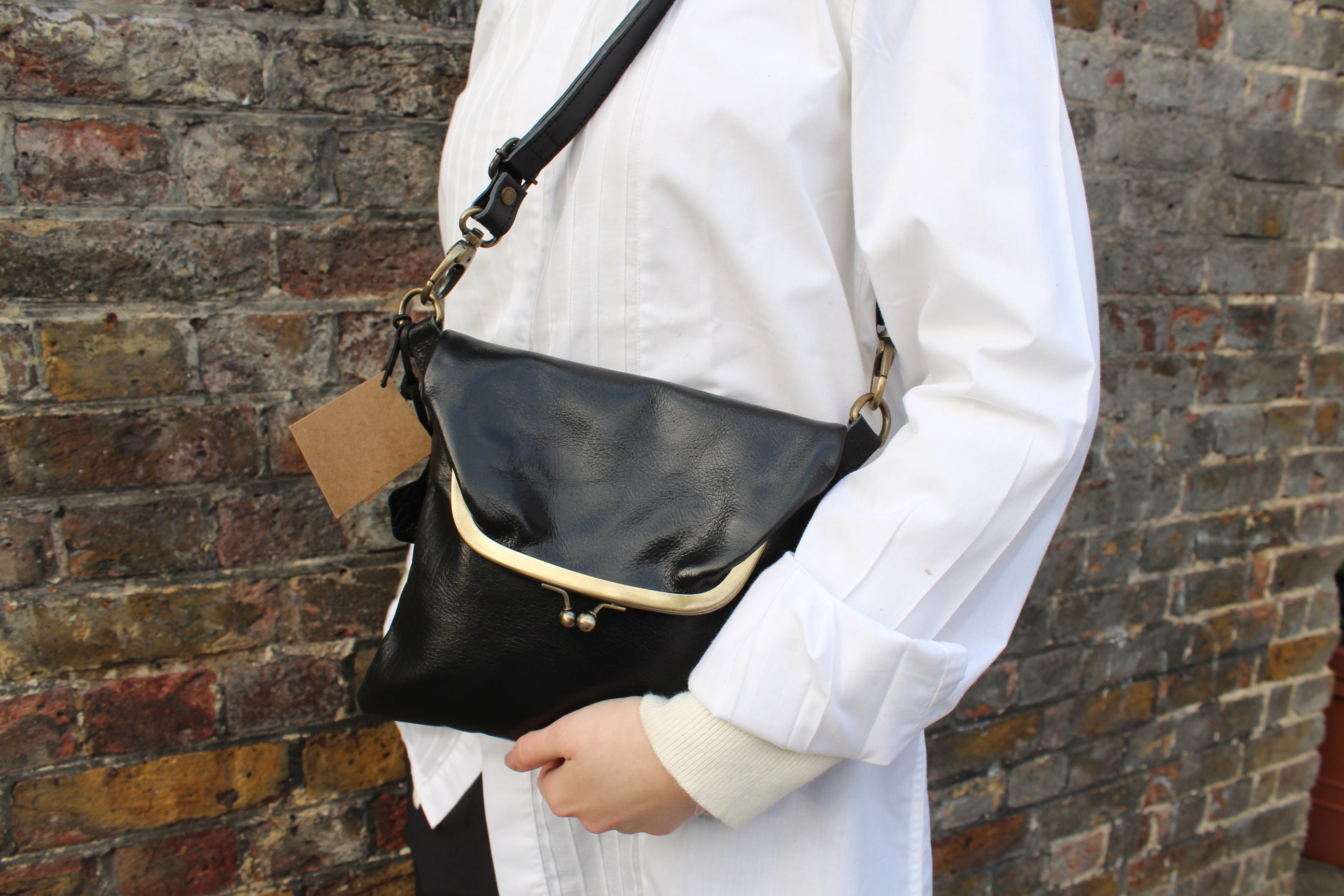 Black Leather Clip Frame Bag: Mini Dublin with Adjustable Strap