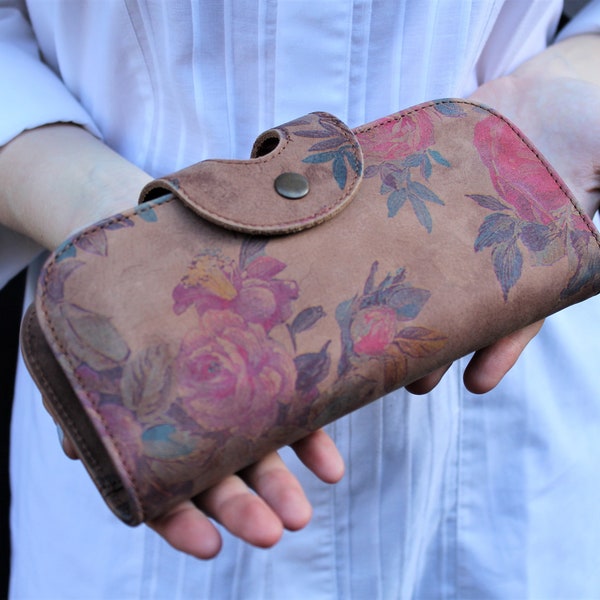 Big Fat Large Dark Floral Printed, Clutch, Leather Wallet Vintage Style Handmade Kiss Clip Clutch with Multicompartment