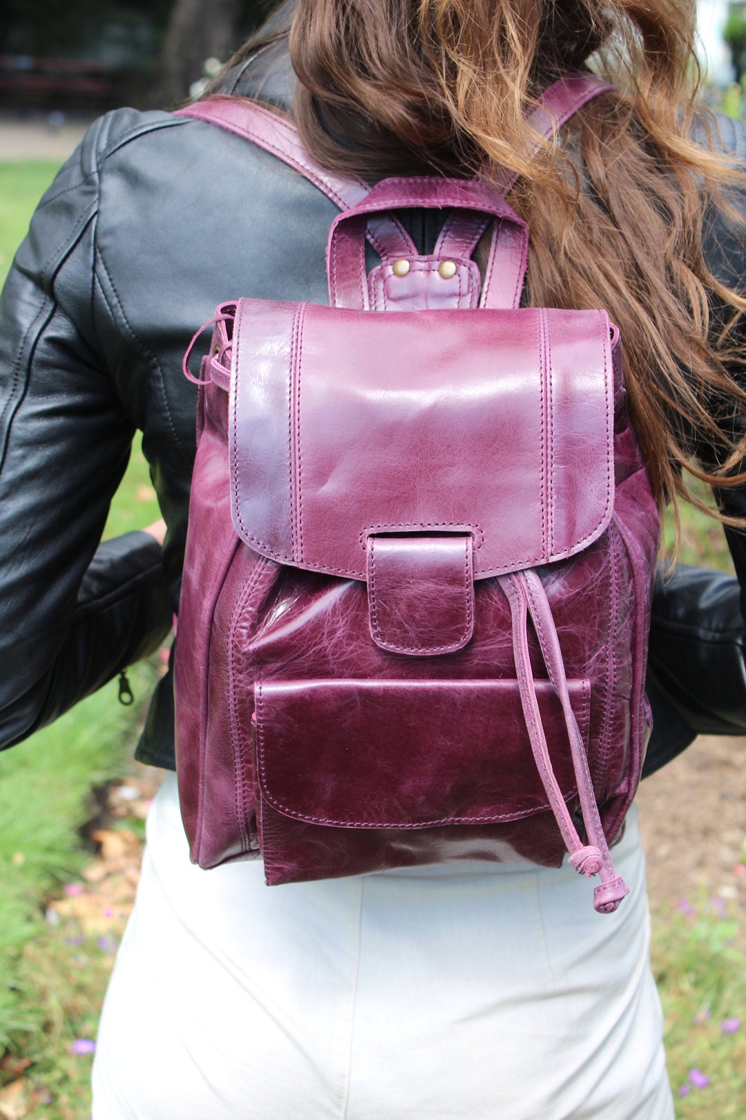 Mochila de cuero morado hecha a mano: mochila ligera con cordón  México