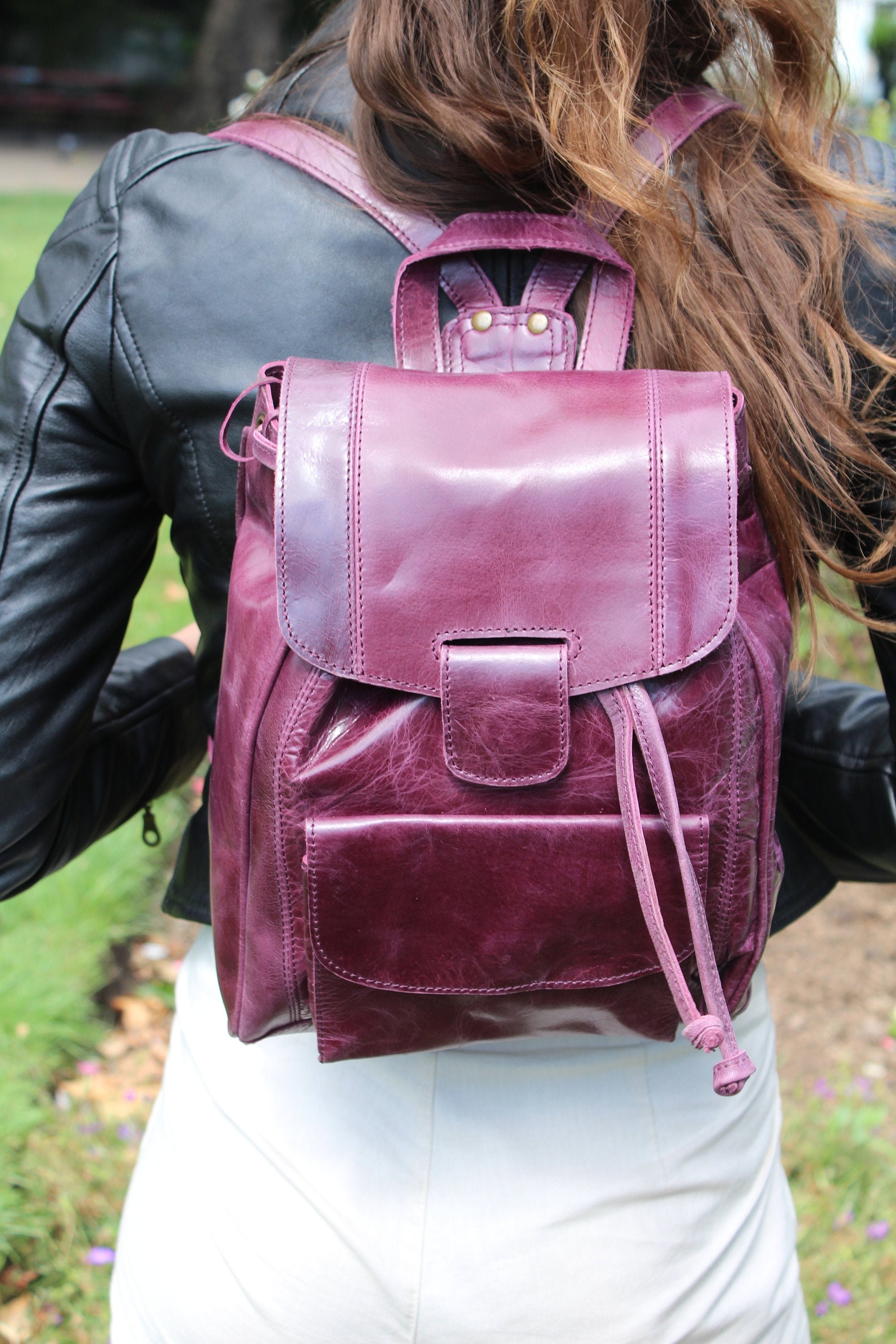 cheap purple leather backpack Handmade Purple Leather Rucksack: Lightweight Drawstring Backpack