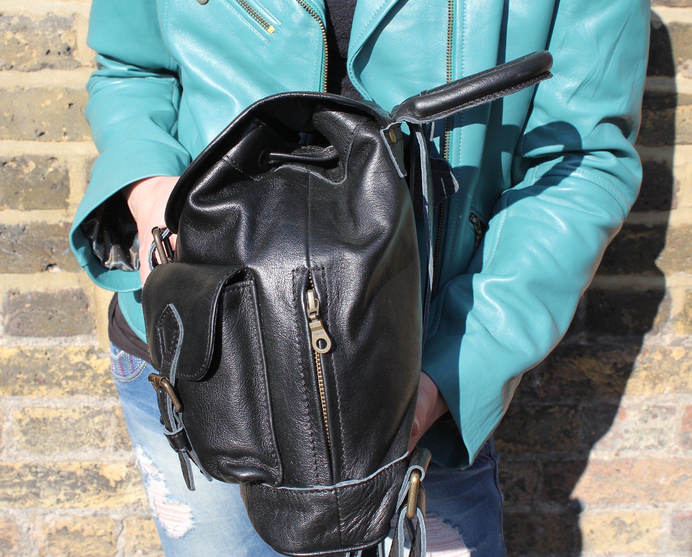 Black Leather Mini Backpack: 70s Style Rucksack With Buckled