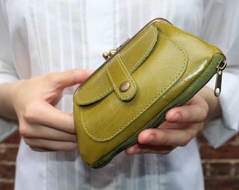 Buy Avocado Green Amy Purse Kissclip Small Clip Wallet Vintage Style Leather Handmade Double Top Clasp Purse Front Pocket Bottom Zip Gift Online in India Etsy