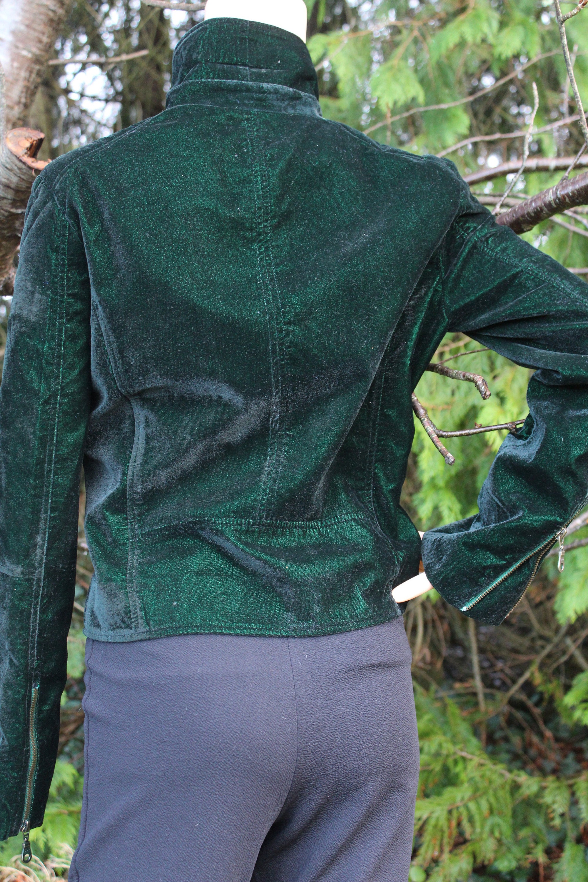 Biker Jacket Dark Green Velvet With YKK Zips 3 Pockets at Biker Jacket Dark Green Velvet With YKK Zips 3 Pockets at