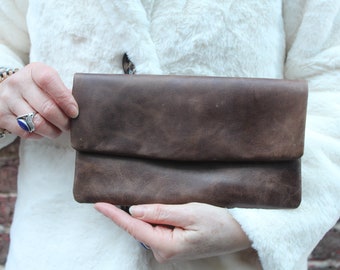 Brown clutch bag, Dark brown distressed leather, Internal zip YKK, Flap clutch dark brown, Large clutch bag, 2 compartments, Formal event