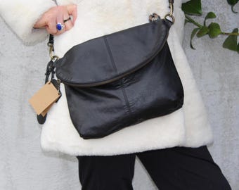 Medium Zip Black Waxy Leather Fold over flap Bag,Zipped messenger bag with zips front and back, Inner zip pocket,Lightweight leather, Dublin