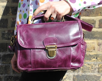 Multi Compartment Purple Leather Bag, Funky, Mini Satchel purple, Front pocket, Push lock closing, Side zip section, Top handle mini satchel